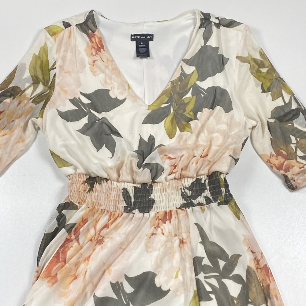 Kate & Lily Floral Dress Sz 8 Multicolor Lined Mesh 3/4 Sleeve Flowy A-line Midi